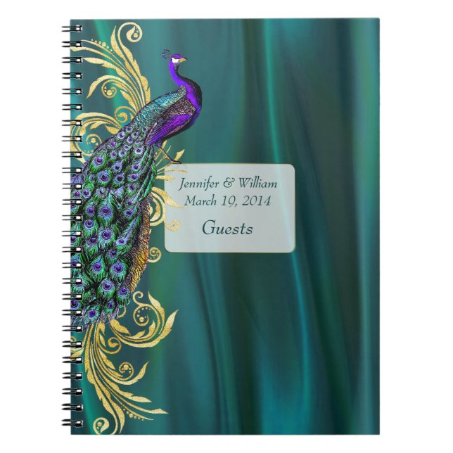 Teal Satin and Peacock Wedding Guest Sign In Notebook (Front)
