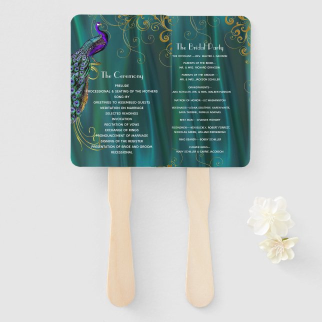 Teal Satin with Peacock Wedding Program Fan (Front and Back)