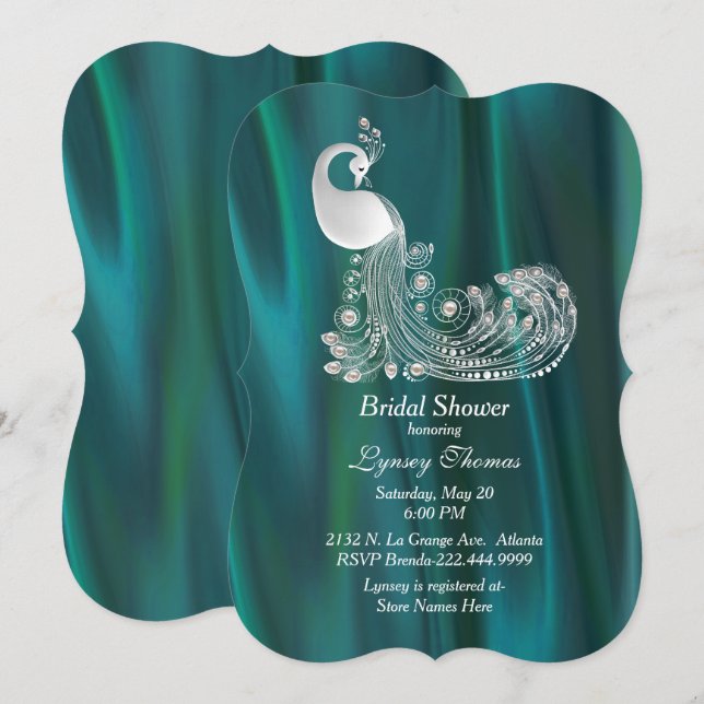 Teal Satin with White Peacock Bridal Shower Invitation (Front/Back)