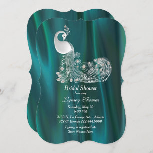 Teal Satin with White Peacock Bridal Shower Invitation