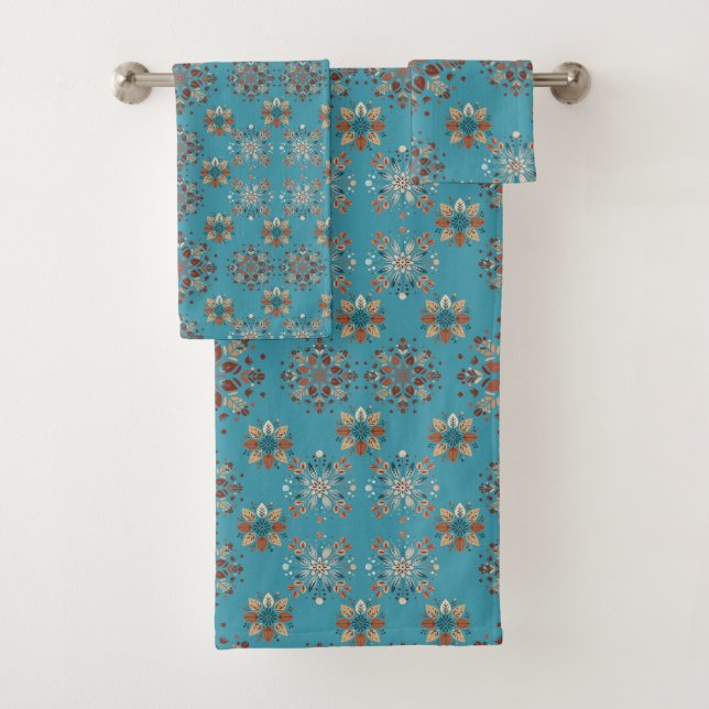 Teal Scandinavian Folk Snowflake Pattern Bath Towel Set (Insitu)