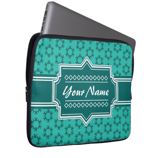 Teal Scribble Hand Hrawn Floral Personalised Laptop Sleeve (Front Right)