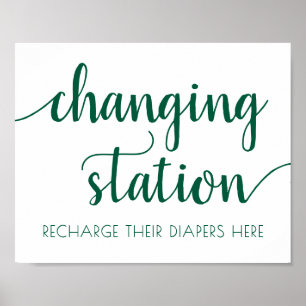 Teal Script Aqua Blue-Green Changing Station Poster