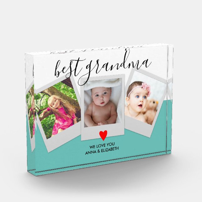 Teal Script BEST GRANDMA Cute Modern Custom Photo Block (Left)