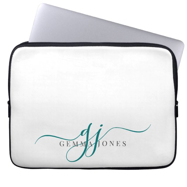 Teal Script Monogram Initials Minimalist  Laptop Sleeve (Front)