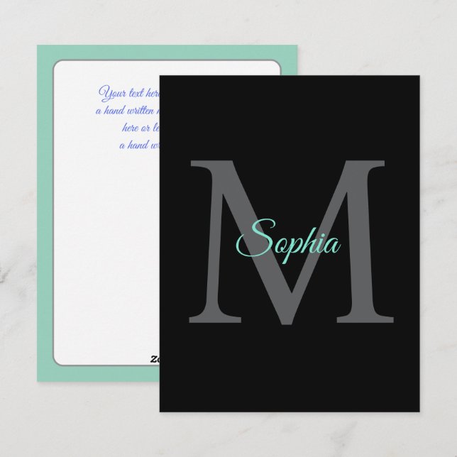 Teal Script Name Large Grey Monogram Black Message Holiday Card (Front/Back)