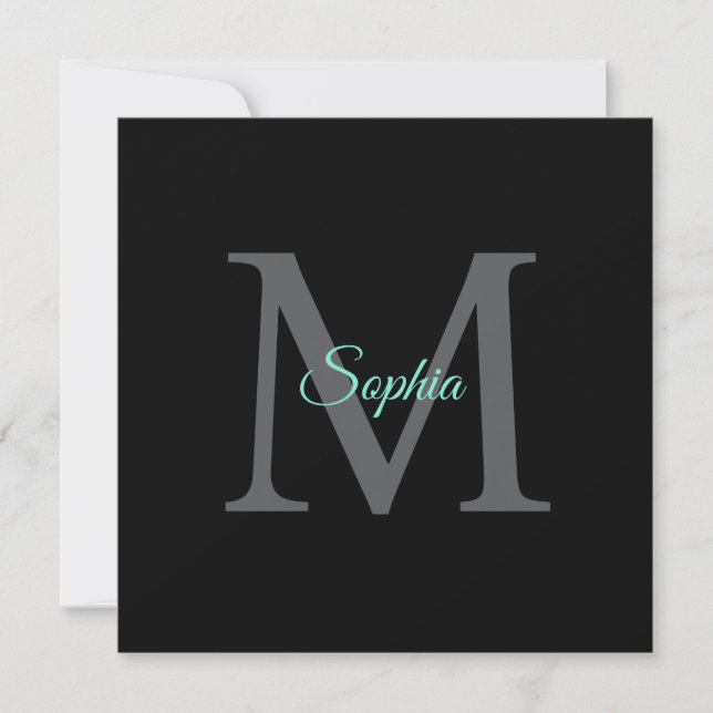 Teal Script Name Large Grey Monogram Black Message Thank You Card (Front)