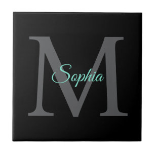 Teal Script Name, Large Grey Monogram on Black Ceramic Tile