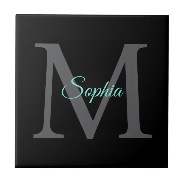 Teal Script Name, Large Grey Monogram on Black Ceramic Tile (Front)