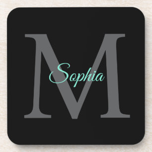 Teal Script Name, Large Grey Monogram on Black Coaster