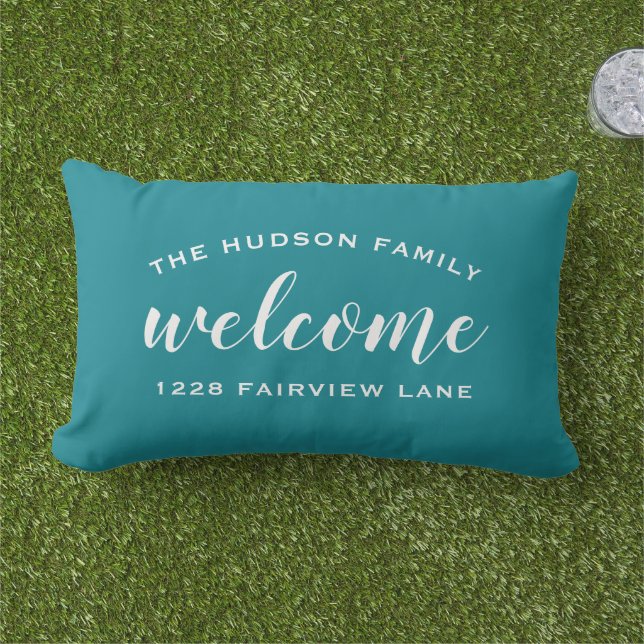 Teal Script Welcome Monogram Porch Lumbar Cushion (Grass)