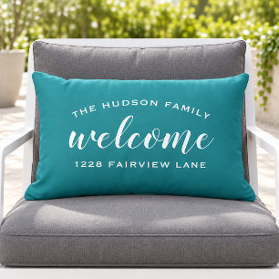 Teal Script Welcome Monogram Porch Lumbar Cushion