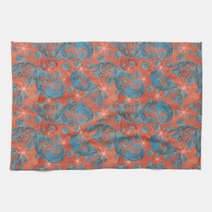 Teal Scrolls Red Background and snowflakes Tea Towel