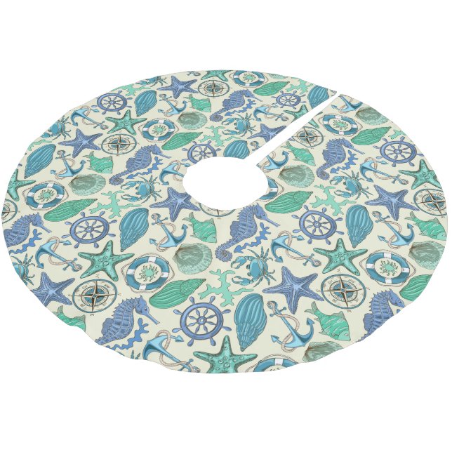 Teal Sea Animals Pattern Brushed Polyester Tree Skirt (Angled)