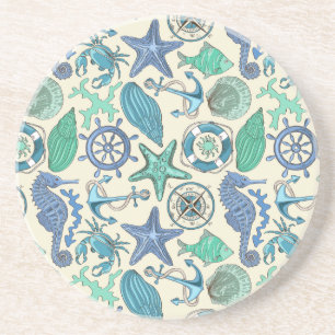 Teal Sea Animals Pattern Coaster