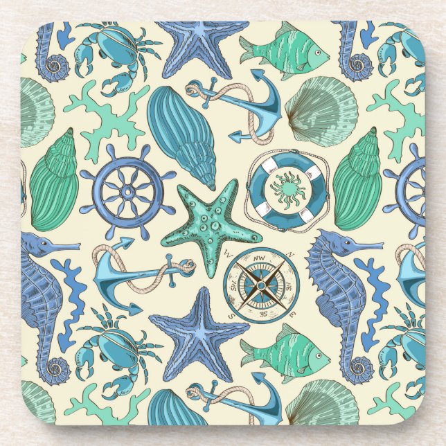 Teal Sea Animals Pattern Coaster (Front)