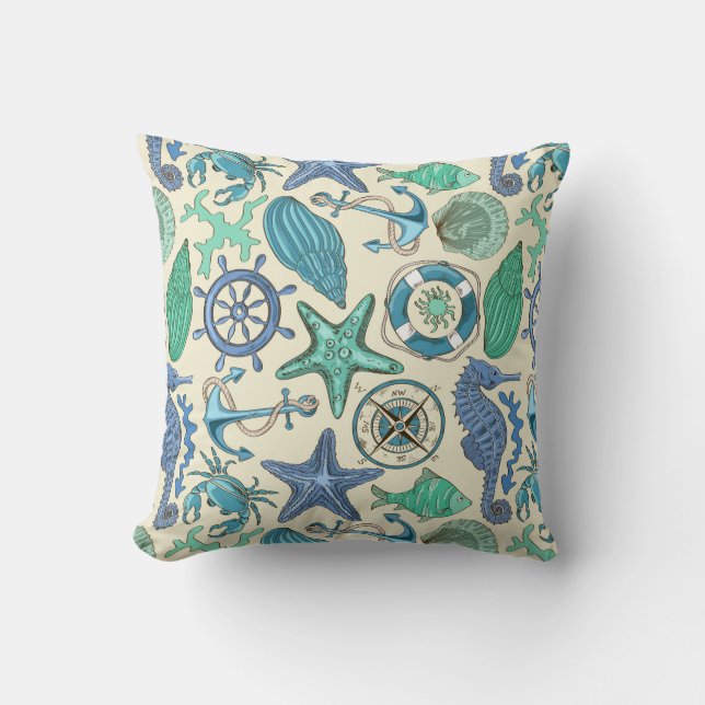 Teal Sea Animals Pattern Cushion (Front)