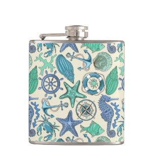 Teal Sea Animals Pattern Hip Flask