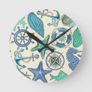 Teal Sea Animals Pattern Round Clock