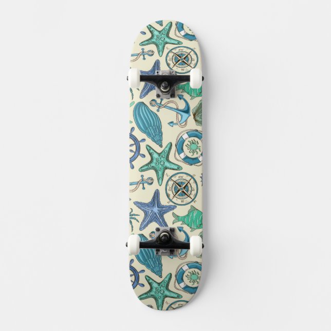 Teal Sea Animals Pattern Skateboard (Front)