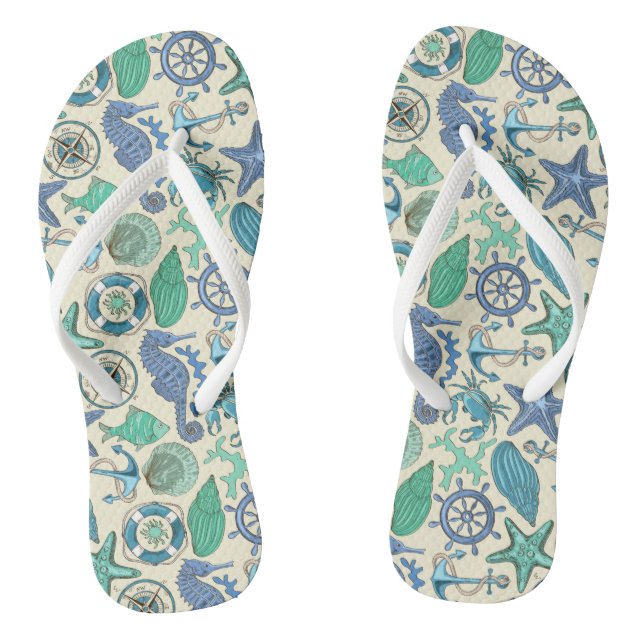 Teal Sea Animals Pattern Thongs (Footbed)