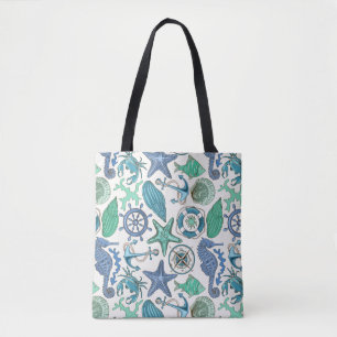 Teal Sea Animals Pattern Tote Bag