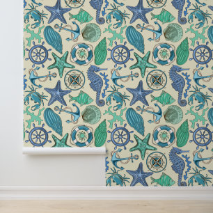 Teal Sea Animals Pattern Wallpaper