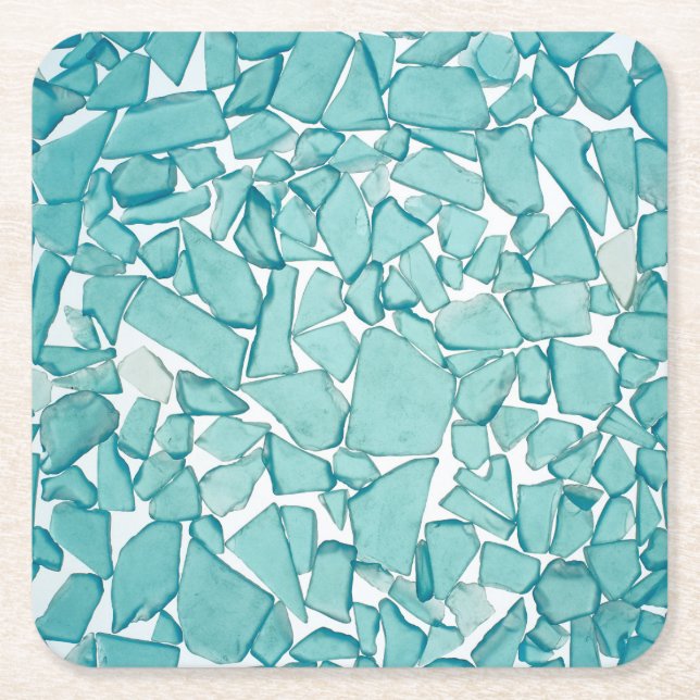 Teal Sea Glass Nautical Print Square Paper Coaster (Front)