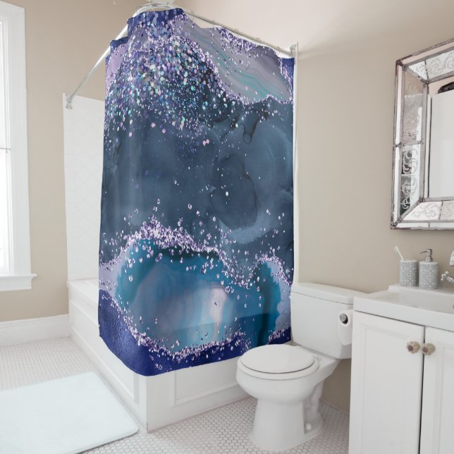 *~* Teal Sea Ocean Agate Celestial  GLITTER AP8   Shower Curtain (In Situ)