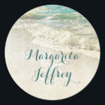 Teal Sea Waves Beach Wedding Classic Round Sticker<br><div class="desc">Coastal tropical wedding seals</div>