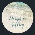 Teal Sea Waves Beach Wedding Classic Round Sticker<br><div class="desc">Coastal tropical wedding seals</div>