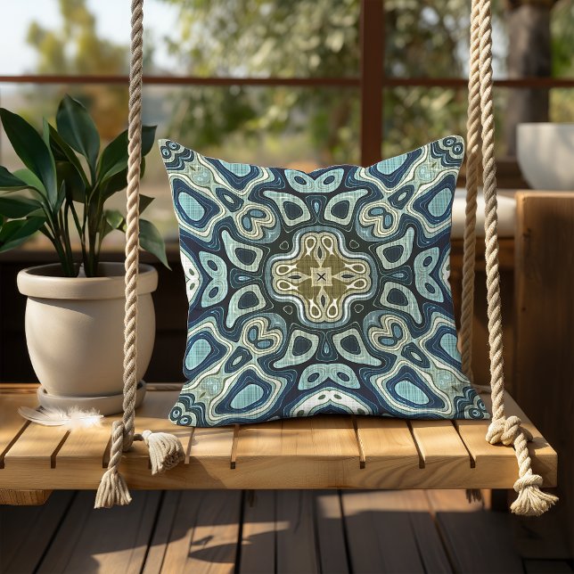 Teal Seafoam Blue Mustard Green Orient Tribal Art Cushion (Creator Uploaded)
