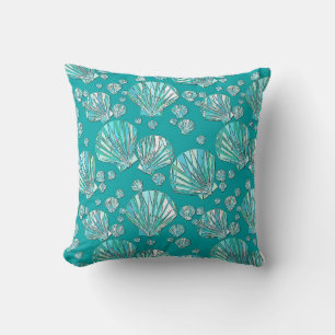 Teal, seafoam sea shells, turquoise background cushion