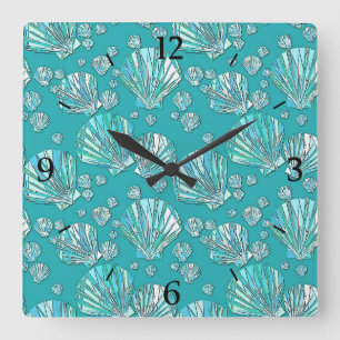 Teal, seafoam sea shells, turquoise background square wall clock