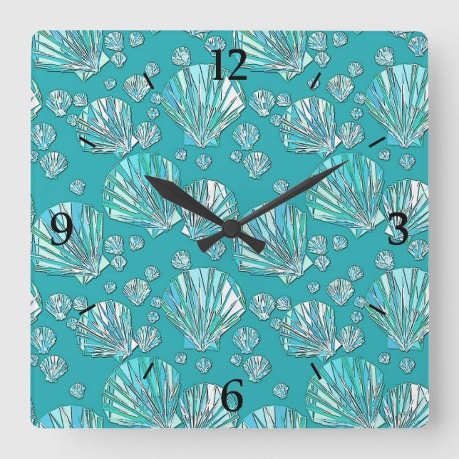 Teal, seafoam sea shells, turquoise background square wall clock (Front)