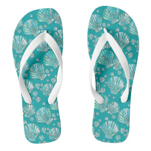 Teal, seafoam sea shells, turquoise background thongs