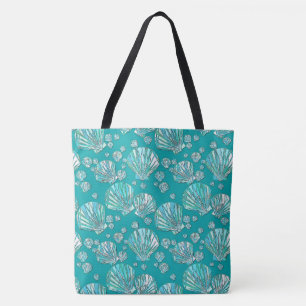 Teal, seafoam sea shells, turquoise background tote bag