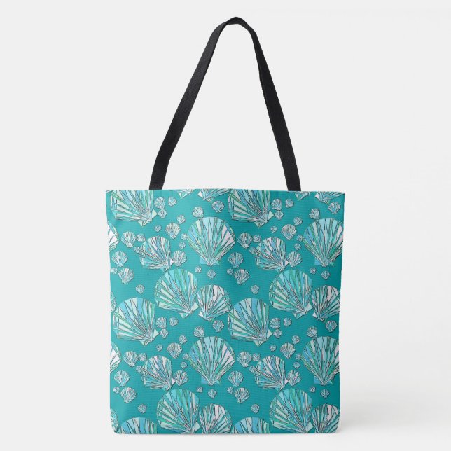 Teal, seafoam sea shells, turquoise background tote bag (Front)