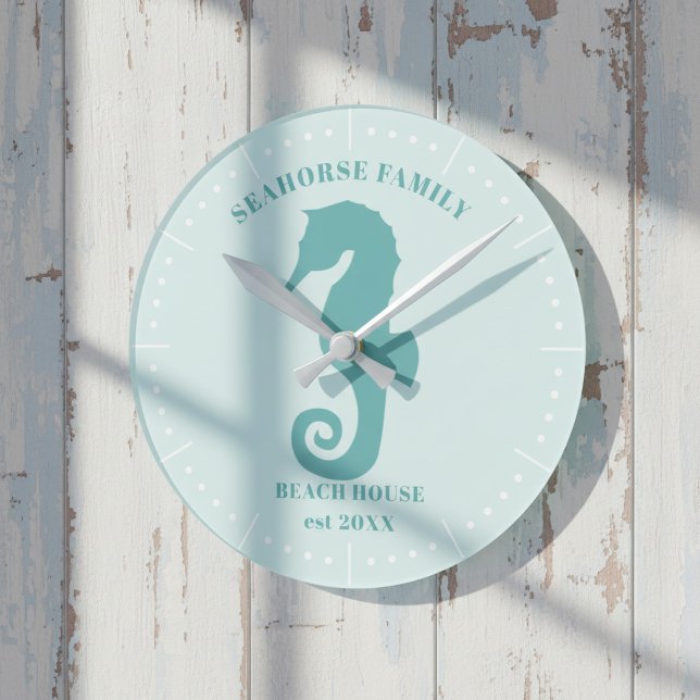 Teal Seahorse Beach House Year Est Wall Clock (A fun clock for your beach house featuring a seahorse silhouette. Just add your name and year)