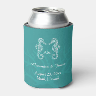 Teal Seahorse Beach Wedding Monogram Can Cooler