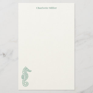 Teal seahorse blockprint coastal personalised stationery