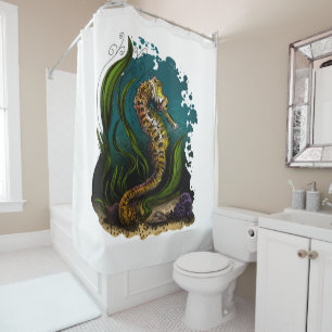 Teal Seahorse Ocean Aesthetic Coastal Bathroom Shower Curtain