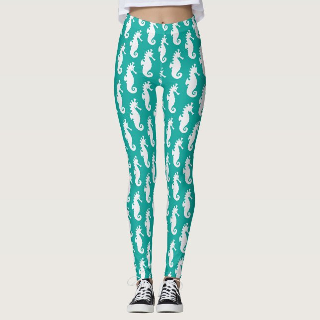Teal Seahorse Pattern 1 Leggings (Front)