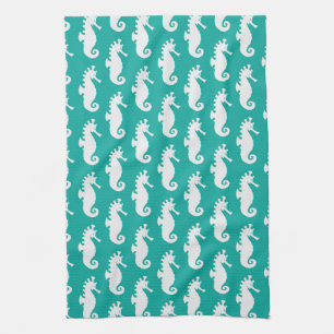 Teal Seahorse Pattern 1 Tea Towel