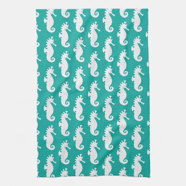 Teal Seahorse Pattern 1 Tea Towel (Vertical)