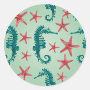 Teal Seahorse Pattern 2 Classic Round Sticker