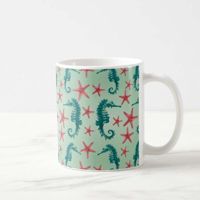 Teal Seahorse Pattern 2 Coffee Mug (Right)