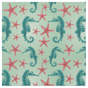 Teal Seahorse Pattern 2 Fabric