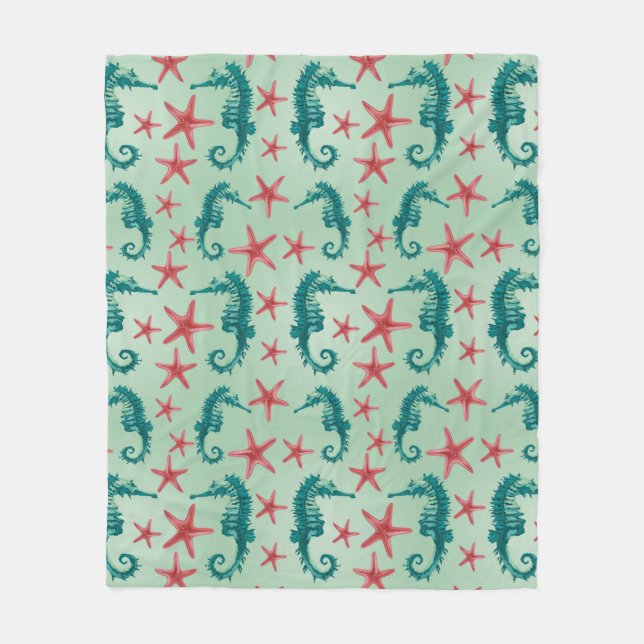 Teal Seahorse Pattern 2 Fleece Blanket (Front)