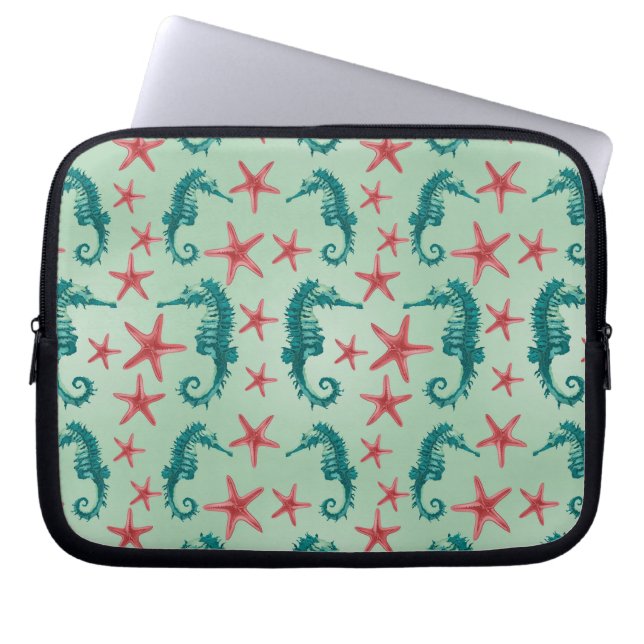 Teal Seahorse Pattern 2 Laptop Sleeve (Front)